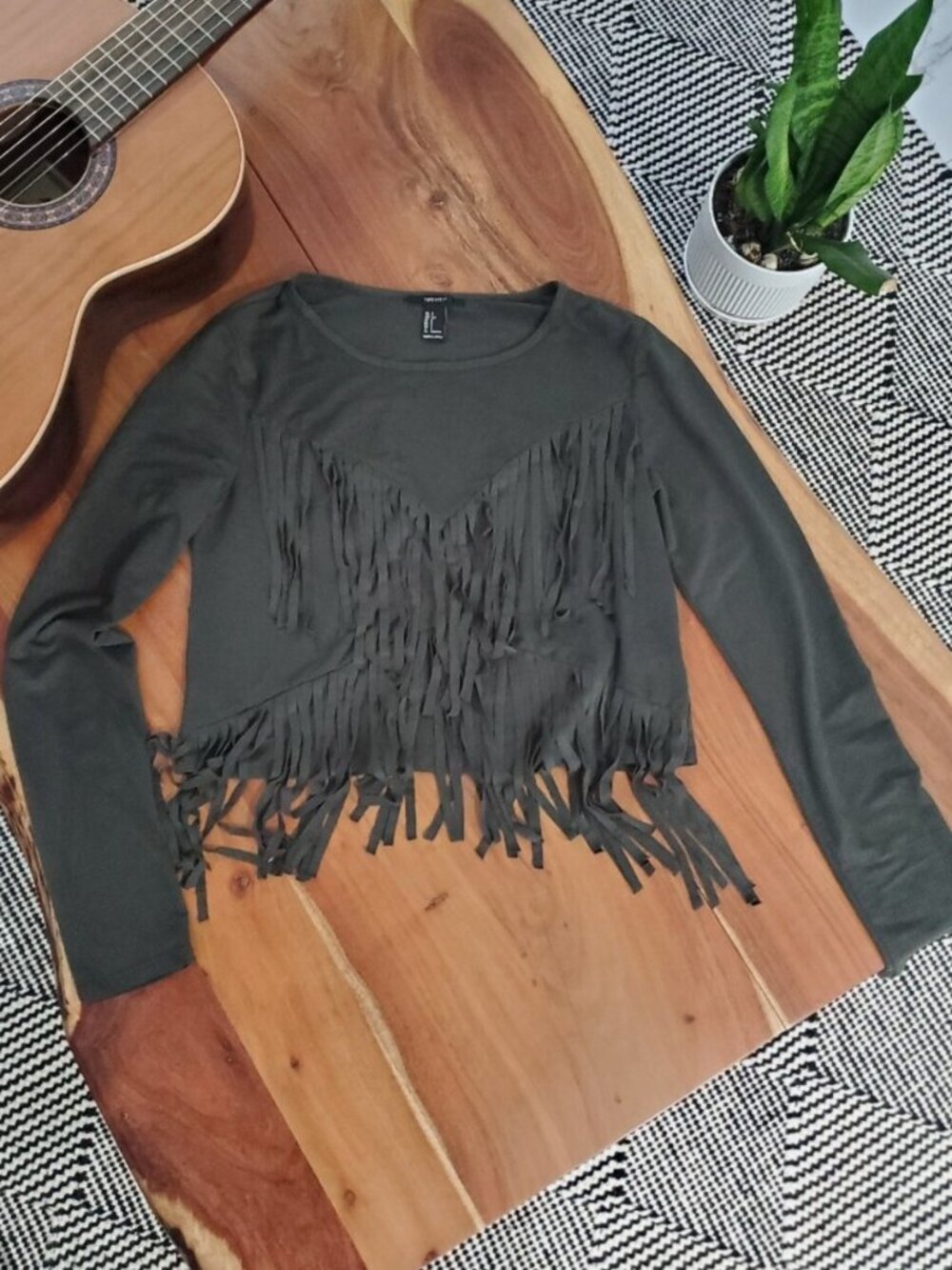 Vintage Y2K Fringe Tassel Microsuede Semi Crop Olive Green Western Country Top